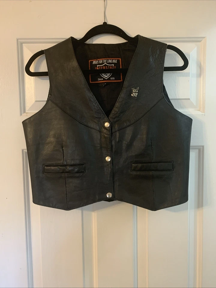 Interstate Leather Motorcycle Vest Women’s Lrg Snap Buttons Chain Extenders Blk - Image 3 of 4