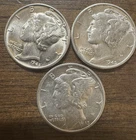 1945 Silver Mercury Dime, Brilliant Uncirculated Free Shipping Lot Of 3 Coins