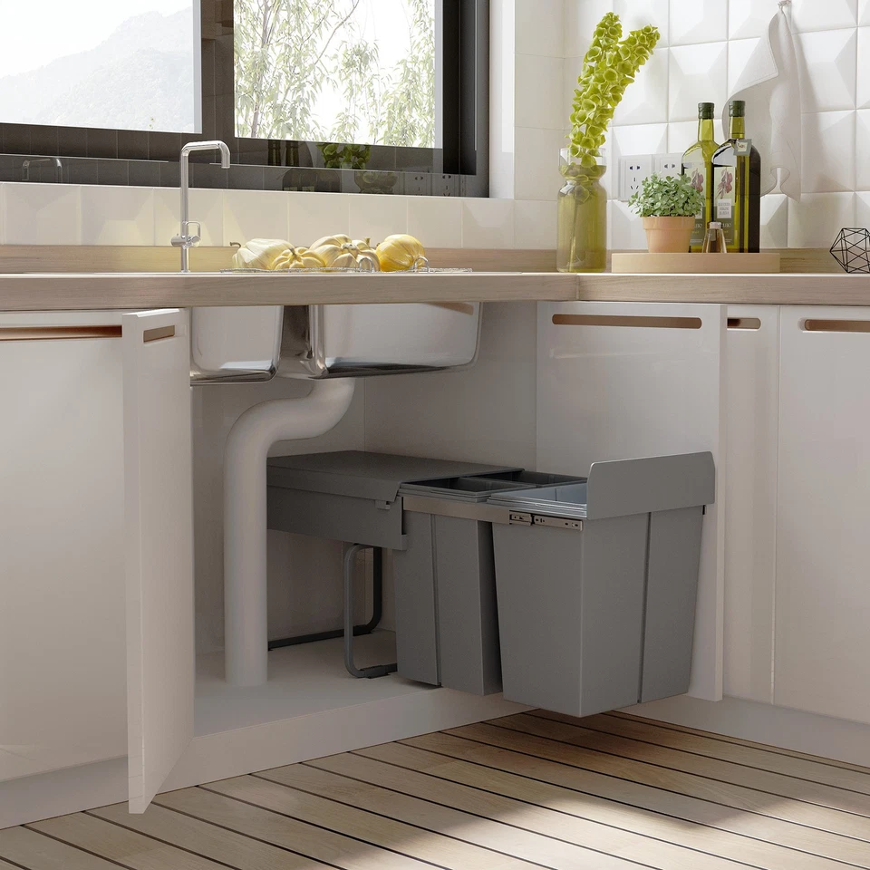 HOMCOM 40L Einbaumülleimer Unterschrank ausziehbarer Müllsammler mit 3 Fächer - Bild 2 von 4