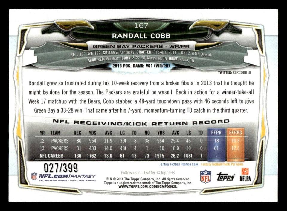 2014 Topps #167 Randall Cobb Camo #/399 - Image 2 of 2