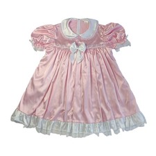 Haian Różowa Satynowa Dorosły Baby Sissy Sukienka z koronkowym wykończeniem i różową kokardką SDPPXSY01-1