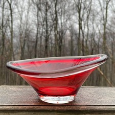 Red Glass Bowl Wavy Abstract Shape Mid Century Modern Decor Trinket Candy Dish
