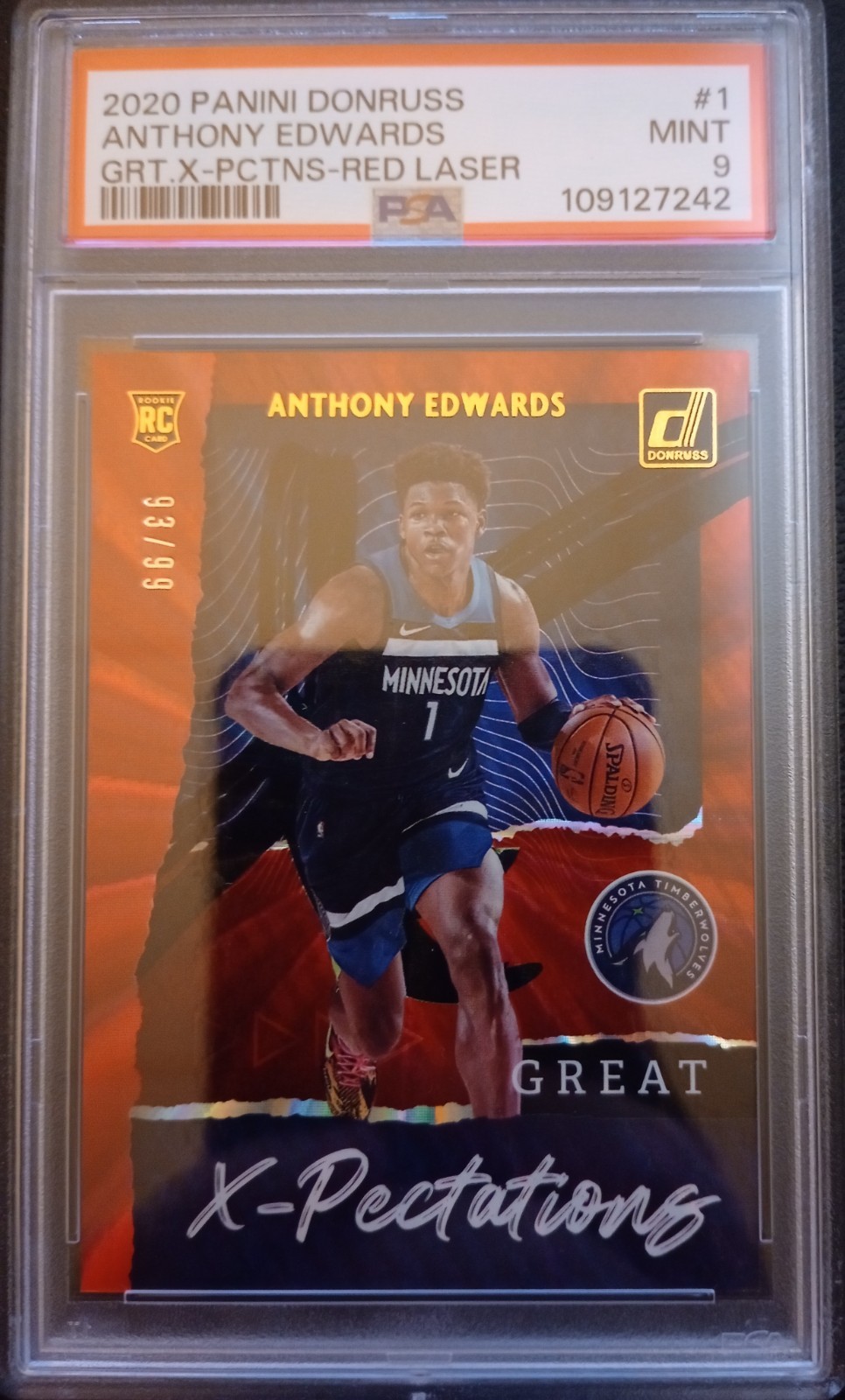 2020 Donruss Great X-Pectations Red Laser #1 Anthony Edwards RC 93/99 - PSA 9