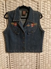 Vintage Women  s Denim Vest Embroidered Feathers studs sz M