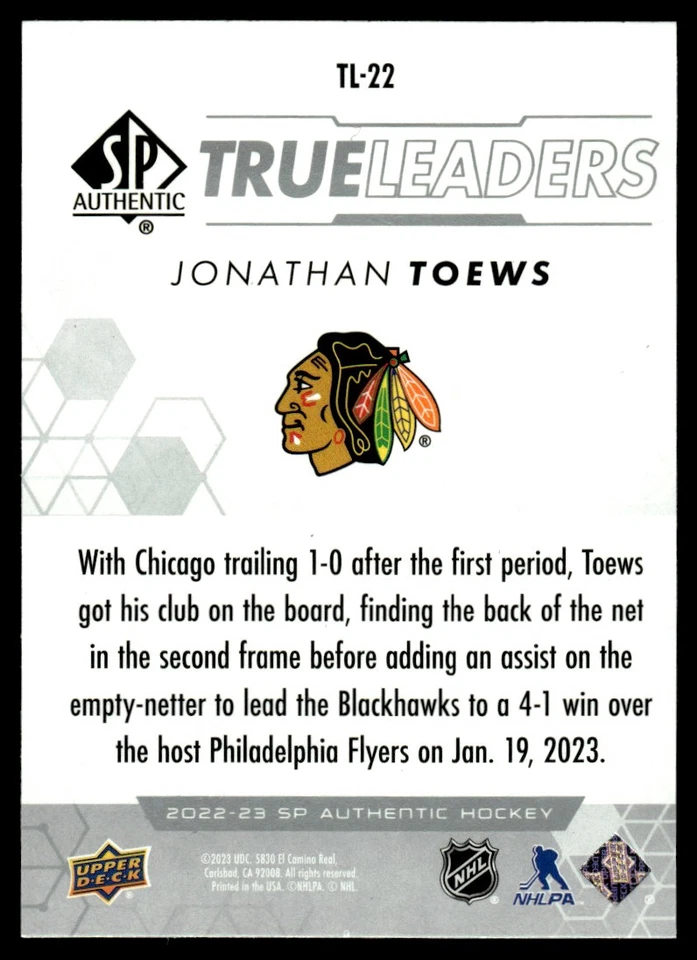 2022-23 SP Authentic True Leaders Jonathan Toews Chicago Blackhawks #TL-22 - Image 2 of 2