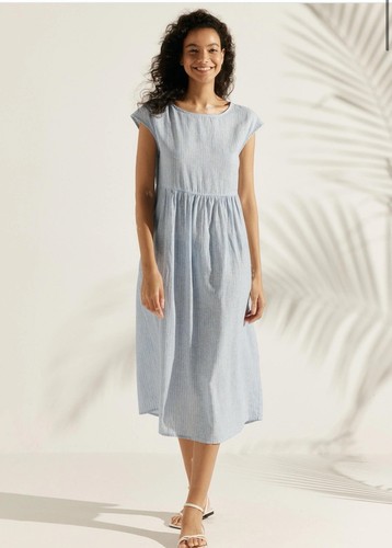 Lintico Women’s Linen Striped Cap Sleeve Washed Maxi Dress Size: S NWT