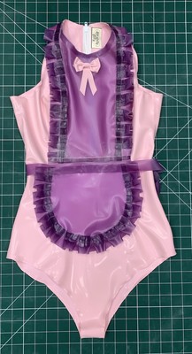 10 UK Maid to frill latex Rubber Leotard body  Baby Pink/Transparent Purple