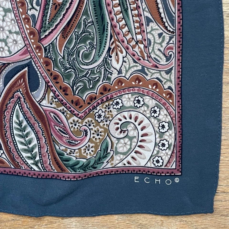 Vintage Floral Paisley Silk Scarf 1980s ECHO Large Square Gray/Pink/Mauve/Olive - Image 4 of 4