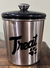 Stainless Steel 6” Dog Cat Pet Treat Storage Container  with Black Lid -NIB