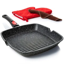 Square Grill Pan for Indoor Cooking, 11-Inch Nonstick Griddle Skillet with Re...
