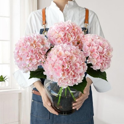Pink Flowers Silk Artificial Hydrangeas, 4Pcs 22'' Lifelike Large Silk Flowers...