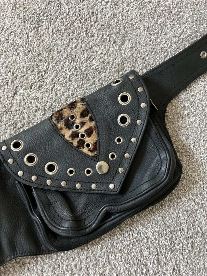 Bolso Cinturón Cuero Motociclista Cartera Leopardo Negro Cremallera Cintura Motocicleta Pequeño S 33" Foto 3 de 4