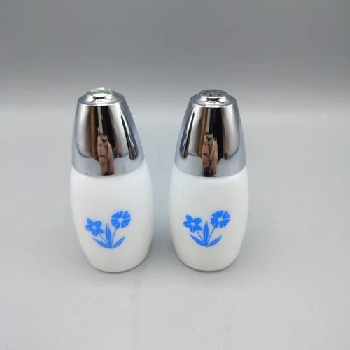 Gemco Blue Cornflower 3.5" Milk Glass Chrome Salt & Pepper Shakers EUC VTG
