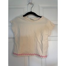Zara Kids Girls Cream Textured Knit Top Pink Ric Rac Trim Short Sleeve Size 3T