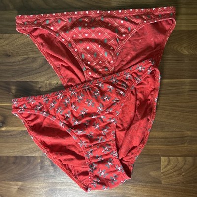 Vtg CACIQUE Lingerie Cotton Bikini Panties L Christmas Tree Hi Cut RARE Holly