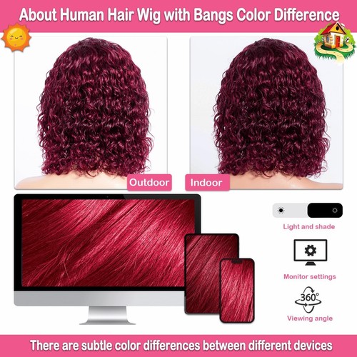 Bob Wigs Human Hair 99J Burgundy Water Wave Curly Wig with Bangs fo... Fast Ship - Picture 6 of 8