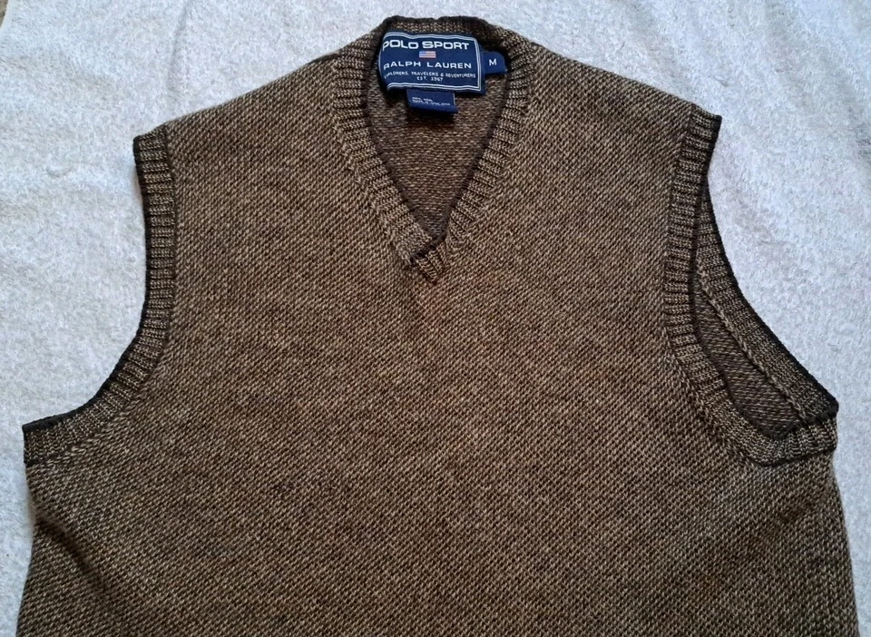 Vtg Polo Sport Ralph Lauren Sweater Vest Mens Medium Brown 100% Wool Hong Kong - Image 3 of 4