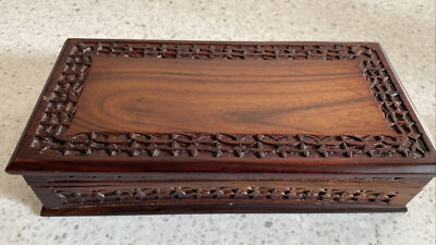 Hand Carved Wood Hinged Jewelry Trinket Box Felt Lined 9.75 x5 x2 
