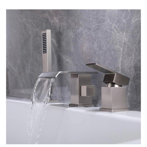 Modern Roman Tub Faucet w/Hand Shower Waterfall Deck Mount 3-Hole Brushed Nickel