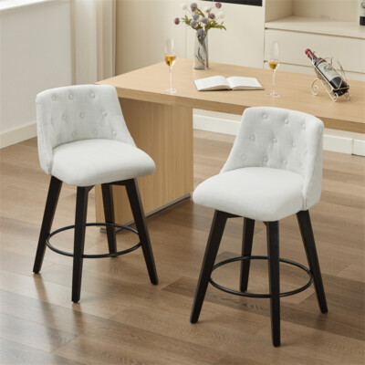 25''Bar Stools Swivel Chairs Comfortable Linen w/Button-Tufted Backrest Set of 2
