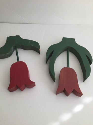 Juego de 2 Estatuillas de Madera Tallada Flor de Tulipán Rojo Hoja Verde y Tallo - Imagen 10 de 12