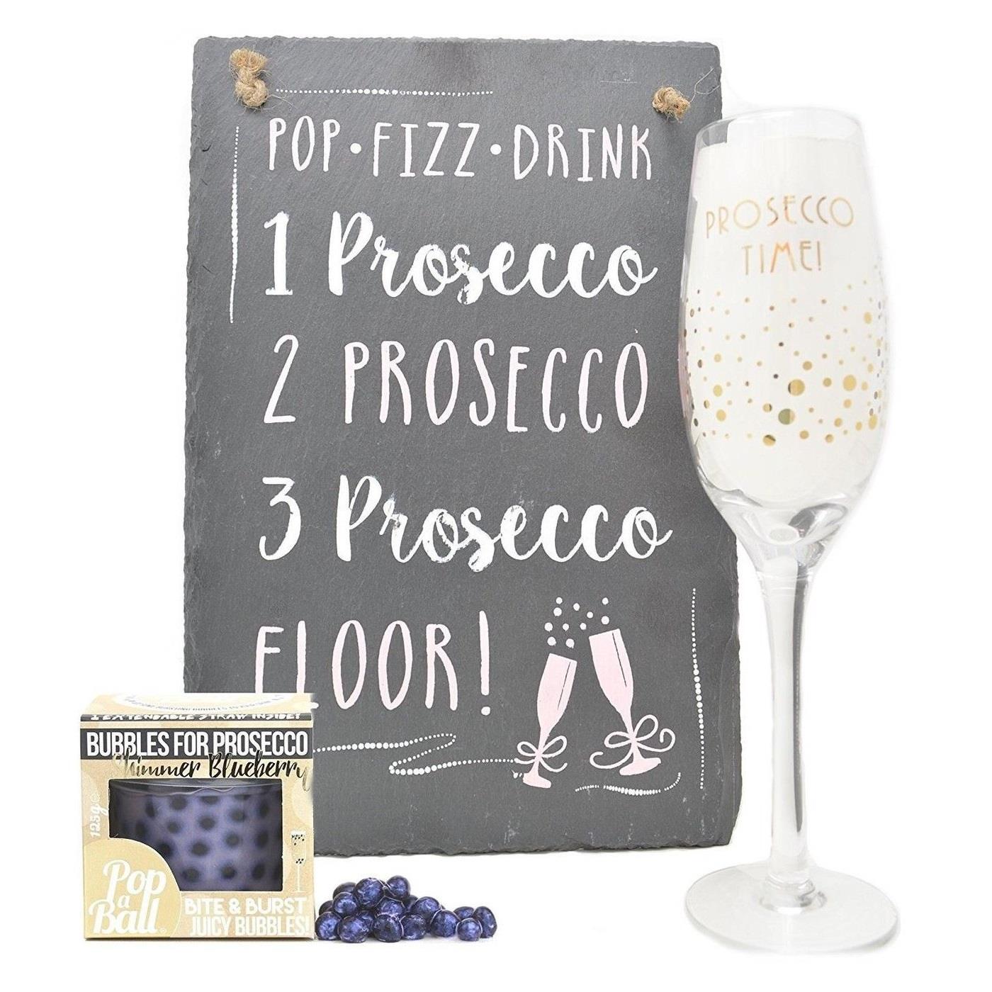 Prosecco Time Glass Flute Blueberry Shimmer Popaball & Hanging Slate Gift Set