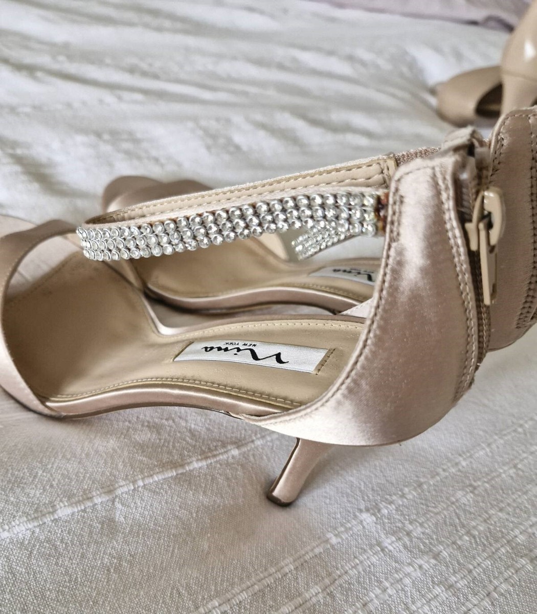 Volanda Womens Satin Ankle Strap Dress Sandals, 8 / Champagne Crystal