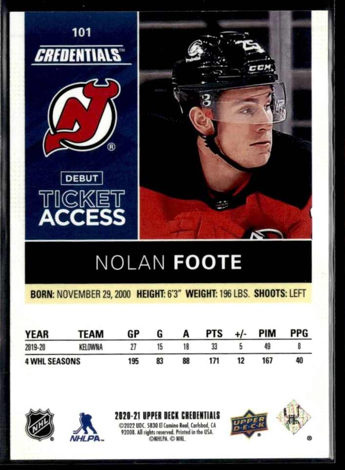 2021-22 Upper deck credentials debut ticket access Nolan Foote /249 #101 - Image 2 of 2