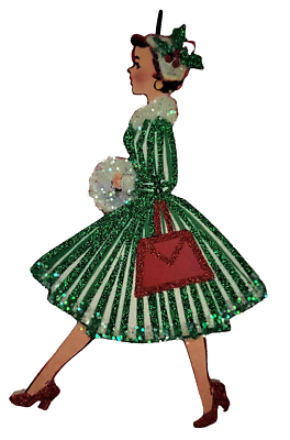50s WOMAN in GREEN STRIPED DRESS, RED PURSE Glitter CHRISTMAS ORNAMENT *  Vtg Img | eBay
