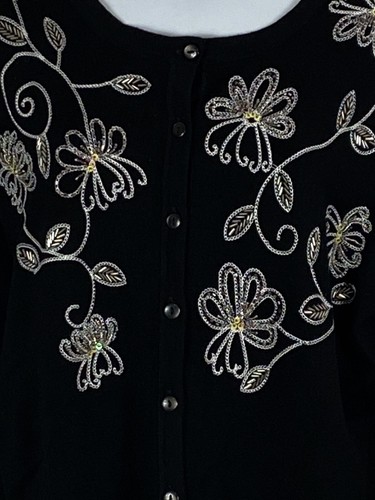 Charter Club M NWT Black Fine Gauge Cardigan Sweater Embroidered Beads Sequins - Picture 3 of 5