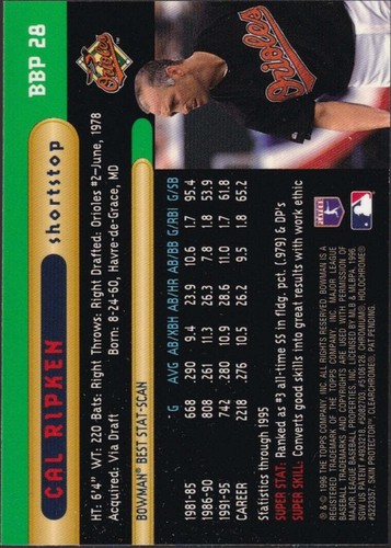 1996 Bowman's Best Previews #BBP28 - Cal Ripken Jr. - Picture 2 of 2