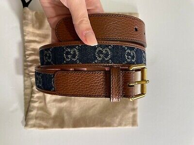 Gucci GG denim Monogram brown leather squire buckle belt