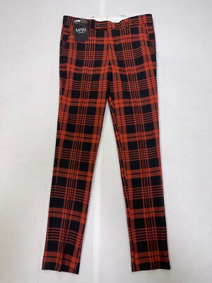 Boohooman Super Skinny Black Red Check Tailored Flat Front