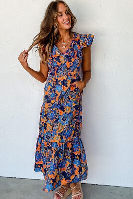 peplum hem maxi dress Women's Casual Vibrant Floral Cinched Top Tiered Peplum Wide Hem Maxi Dress.