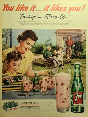 7-Up Soda Pop Strawberry Ice Cream Float Backyard Family Vintage Print Ad 1952