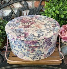 Vintage Hat Box W/Victorian Floral Design; Ecru W/Mauve, Pink, Blue; Braid Cord