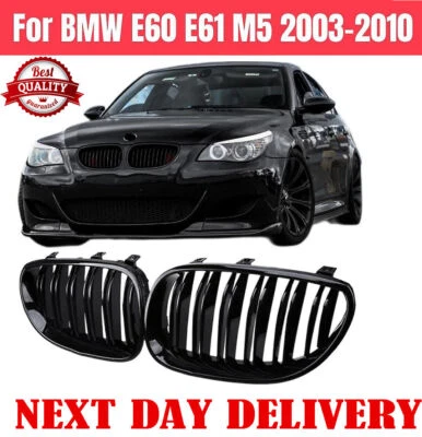 GEARZAAR 2x Gloss Black Front Hood Kidney Grille Grill For BMW E60 E61 5 Series M5 03-10