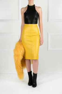 Elegant Neu Damen Gelb Leder Rock Original Weiches Lammleder Slim Fit Rock