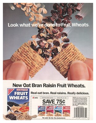 Print Ad 1990 Oat Bran Raisin Fruit Wheats Cereal No Salt Fat Nabisco Coupon