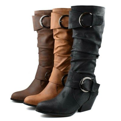 cross strap block heel knee high boots