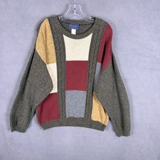 Vintage 90s Mens Grandpa Sweater Made In USA M Chunky Cable Knit Colorblock