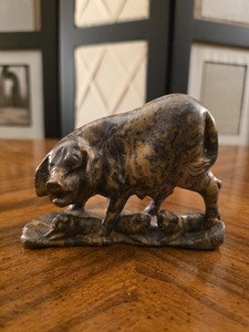 Vintage Hand Carved Soapstone Mother Pig Sow with 3 Piglets Statue.