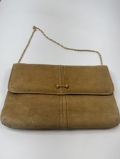 Vintage Tan Suede Clutch With Gold Chain Strap Snap Closure Inner Zipper Pocke