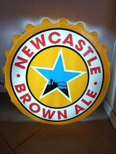 Vintage Newcastle Brown Ale Beer Bottle Cap Light-Up Bar Sign 18” w/ Pull String