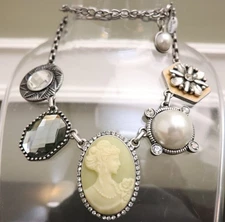 Lia Sophia necklace Nostalgia cameo floral stations signed silvertone adjustable