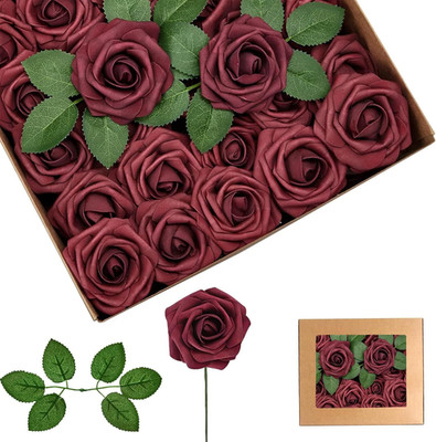 25 Stück Künstliche Blumen Rosen Wein Rot,Deko Blumen,Schaumrosen Mit Stielen Ba