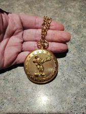 Mickey Mouse Colibri Gold Toned 90's Pocket Watch - Untested - Needs Battery