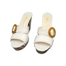 PRADA White Striped Wooden Tortoise Platforms Buckle Slip On Sandals EU 39 US7.5
