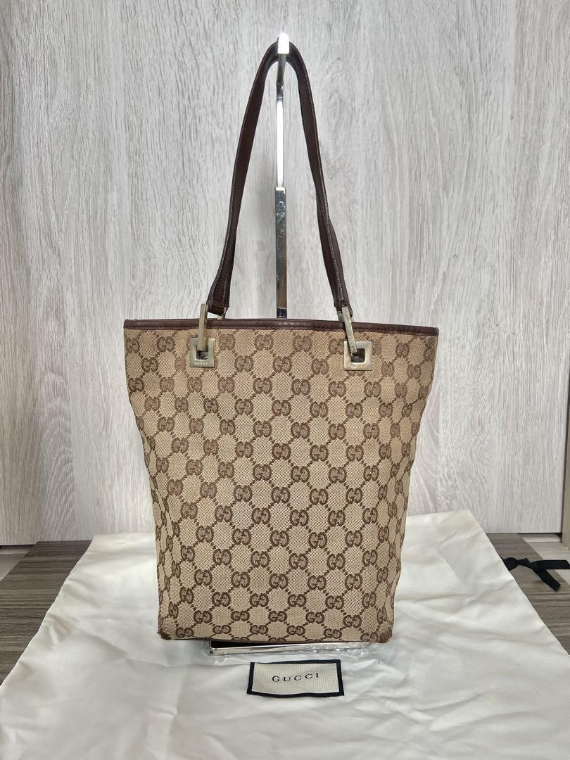 Gucci GG Canvas Leather Tote Bag Large Capacity Beige