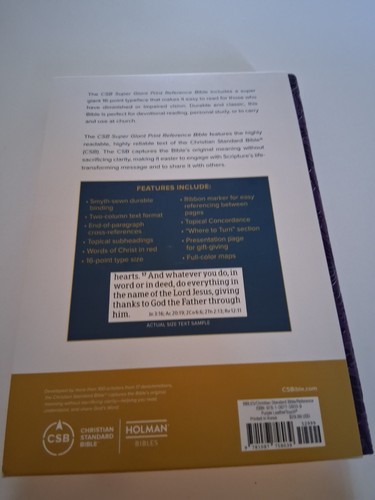 Bible CSB Super Giant Print Reference Bible Purple Leathertouch By Holman - Picture 3 of 8